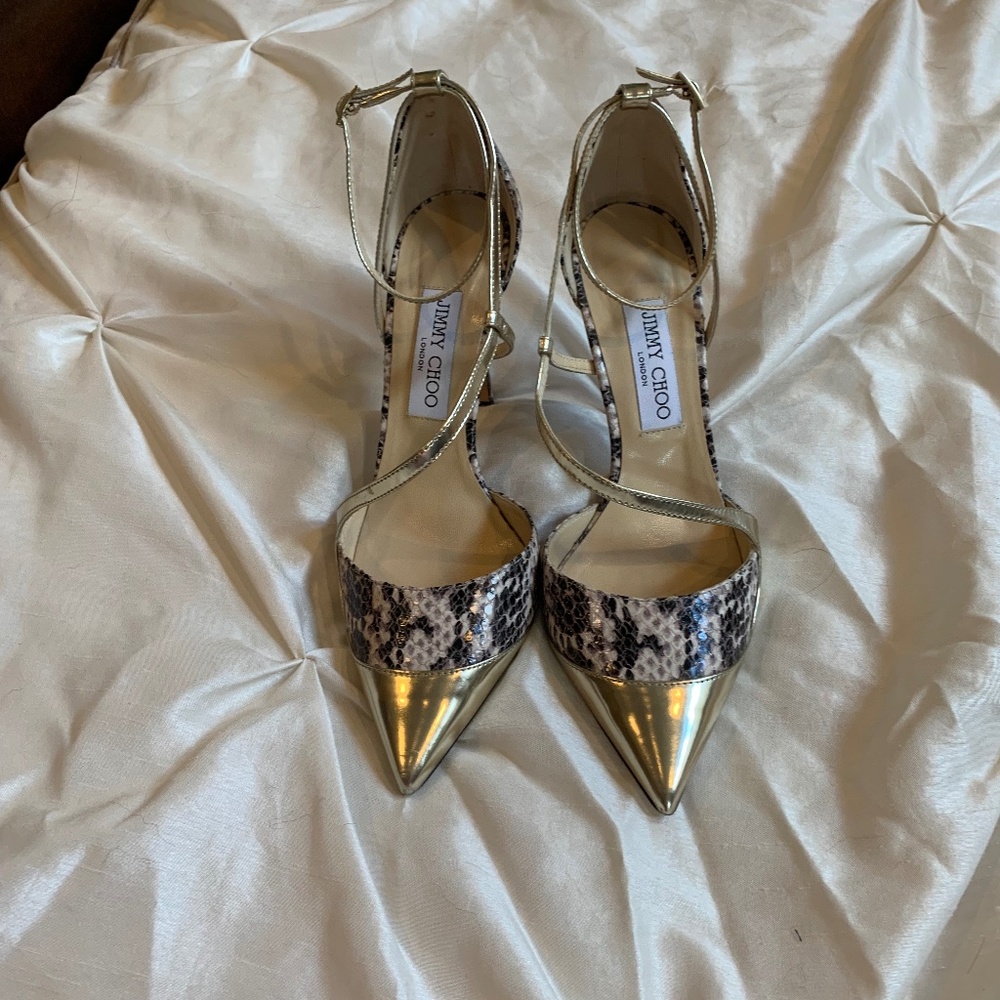 Jimmy Choo Gold/Beige Snakeprint Leather Dorsey Pumps sz 39